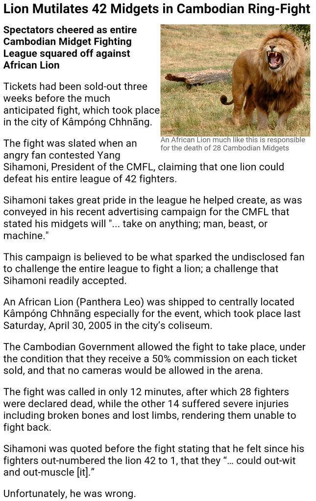 Apple P. reccomend Cambodian midget fighting league lion